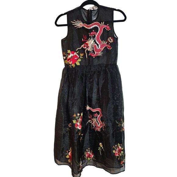 Sheer Black Midi Dress With Embroidered Dragon & Floral Details By ASOS - Picture 1 of 13